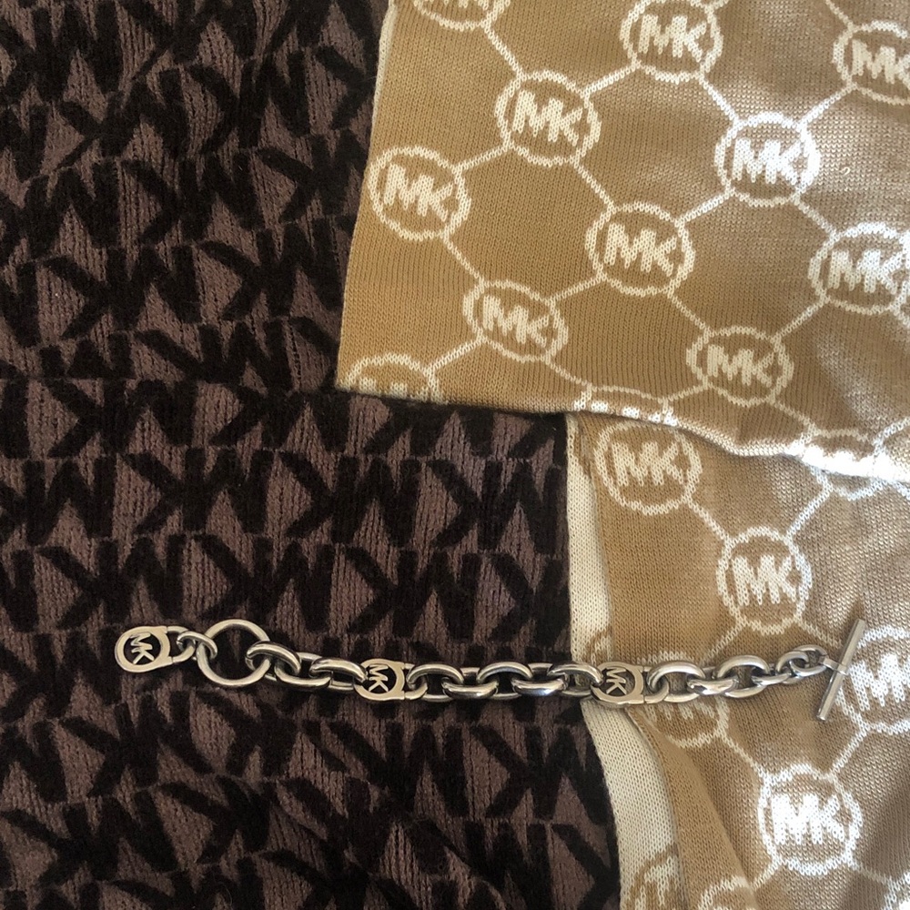 Michael Kors Beige and Brown Patterned Scarf with Silver Chain